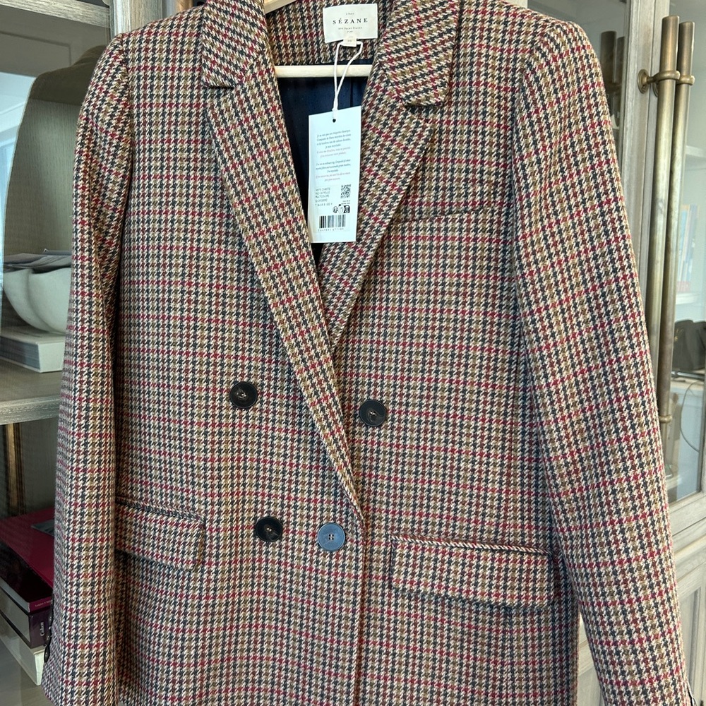 Sezane Black and Red Double-Breasted Blazer